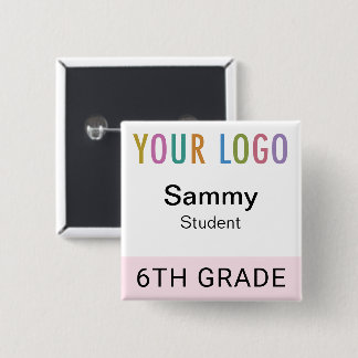 Pink Student Name Tag Button with School Logo Knapp