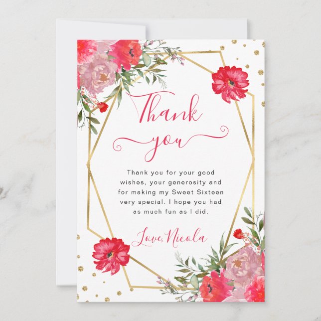 Pink Summer Flowers Frame Sweet 16 Tack Kort (Framsida)