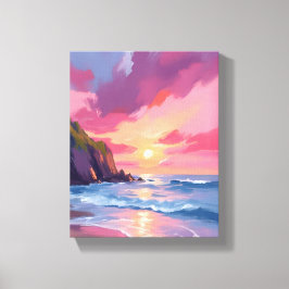 Pink Sunset Ocean Beach Waves Watercolor Canvastryck