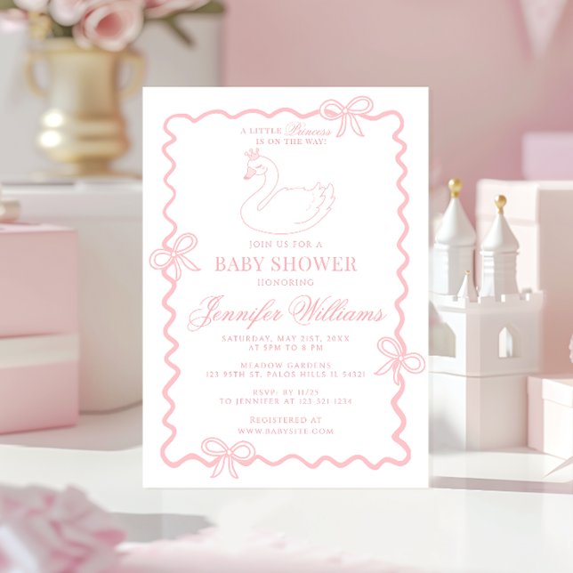 Pink Swan Princess Bow Coquette Baby Girl Shower Inbjudningar (Skapare uppladdad)