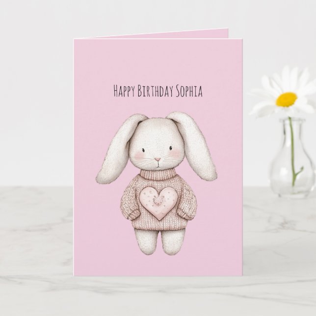 Pink Sweet Cute Bunny Pink Sweater Heart Birthday Kort (Liten växt)