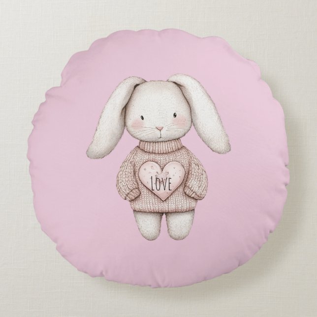Pink Sweet Cute Bunny Pink Sweater Heart Rund Kudde (Framsidan)