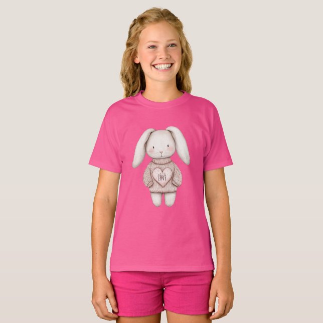Pink Sweet Cute Bunny Pink Sweater Heart T Shirt (Hel framsida)