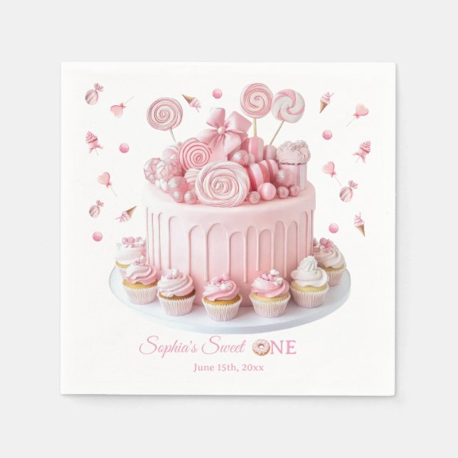 Pink Sweet One Birthday Napkins Pappersservett (Framsidan)