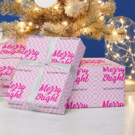 Pink tartan Christmas Merry Bright Family name Presentpapper