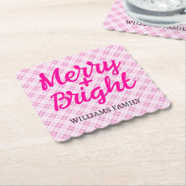 Pink tartan Christmas Merry Bright Family name Underlägg Papper