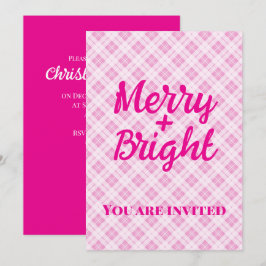 Pink tartan Christmas Party holidays Merry Bright Inbjudningar