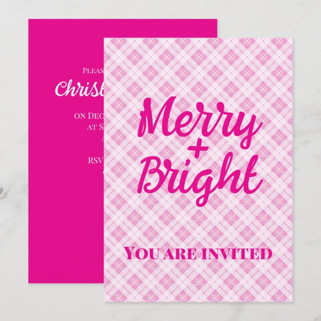Pink tartan Christmas Party holidays Merry Bright Inbjudningar (Fram/baksida)