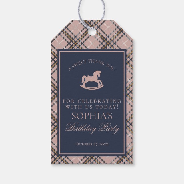 Pink Tartan Plaid Rocking Horse Birthday Favors Presentetikett (Framsidan)