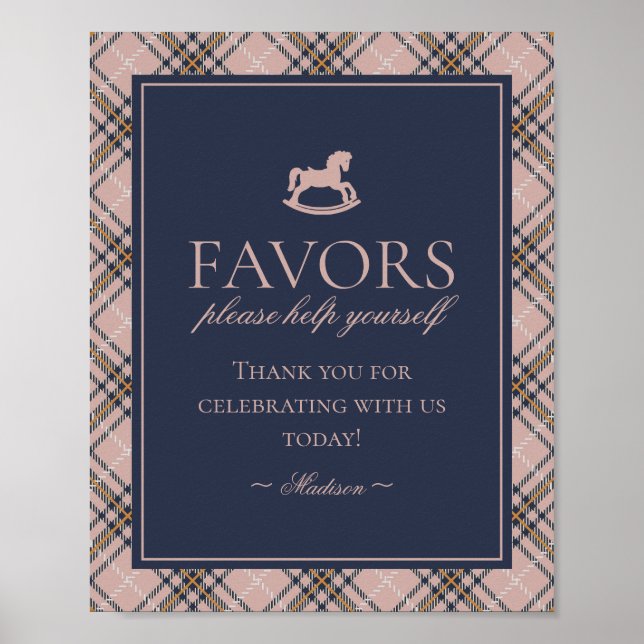 Pink Tartan Plaid Rocking Horse Favors Sign Poster (Framsidan)