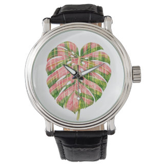 Pink Tartan Scottish Monstera Watercolour Botanic Armbandsur