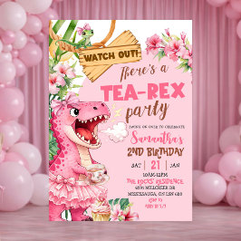 Pink Tea Rex On The Loose Girl Birthday Inbjudningar