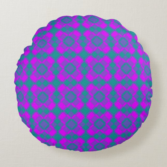 Pink Teal Purple Checker Argyle Pattern Rund Kudde (Framsidan)