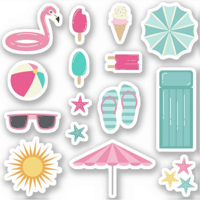 Pink Teal Summer Beach Klistermärken (Framsida)