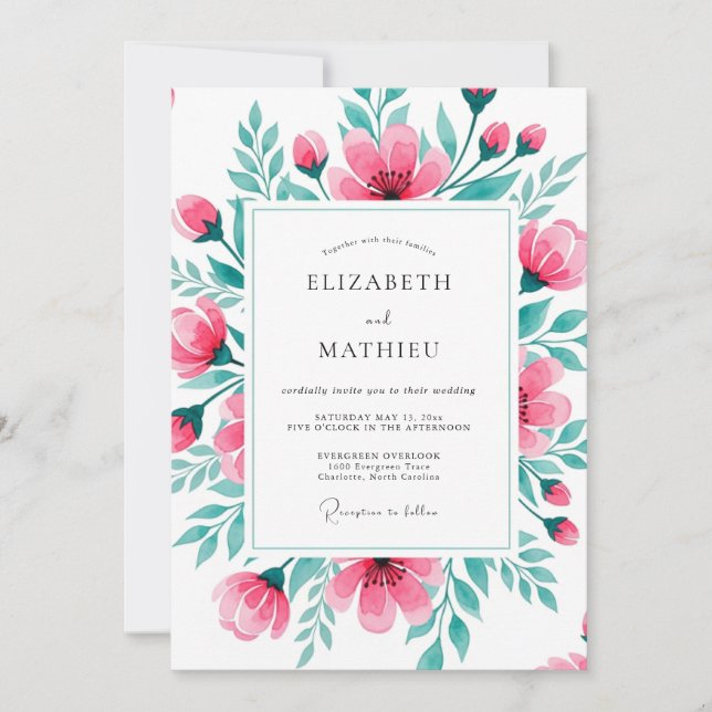 Pink Teal Vibrant Botanical Wedding Inbjudningar (Framsida)