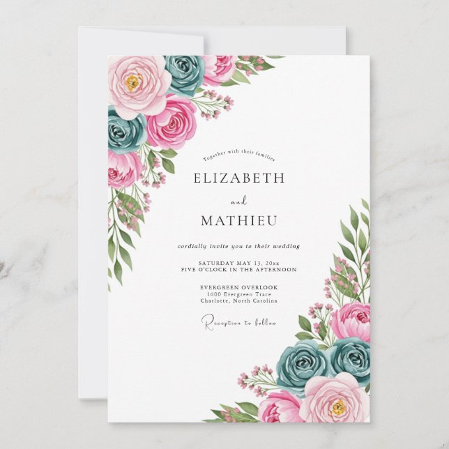 Pink Teal Watercolor Spring Wedding Inbjudningar (Framsida)