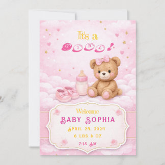 Pink Teddy Bear Baby Girl Birth Announcement Card Inbjudningar