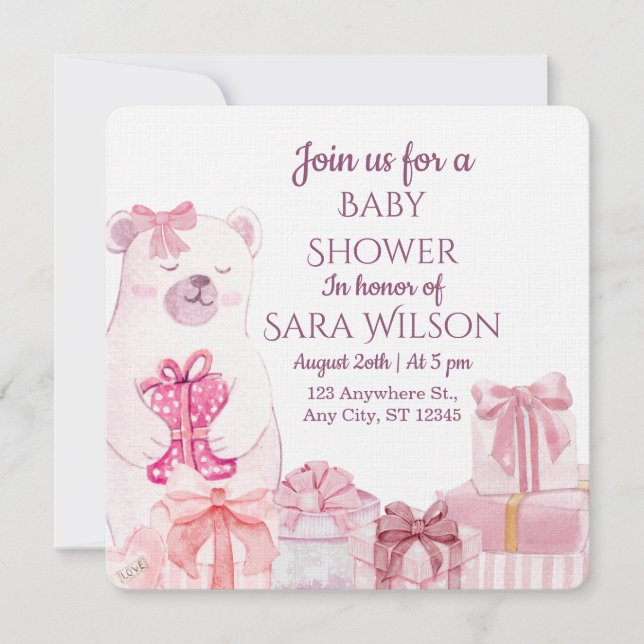 Pink Teddy Bear Baby Shower Invitation Inbjudningar (Framsida)