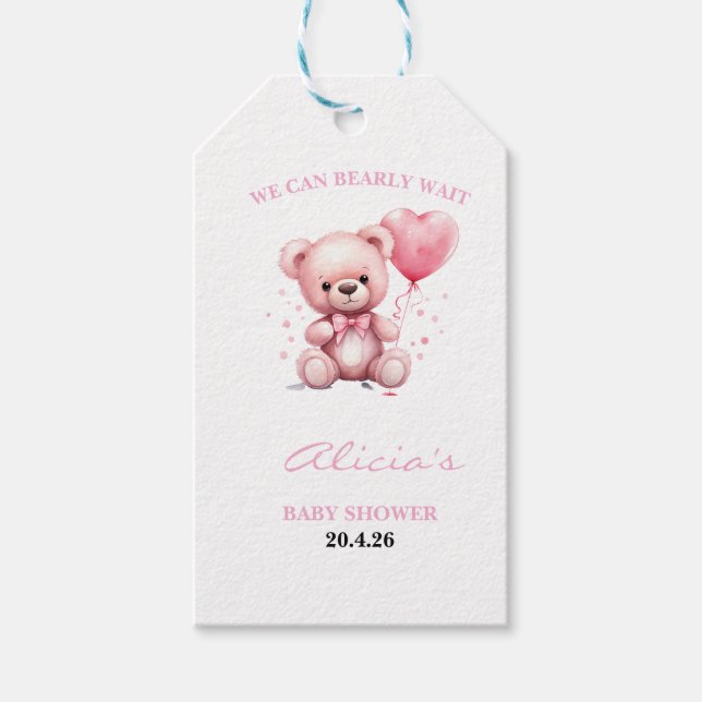 Pink Teddy Bear Baby Shower Presentetikett (Framsidan)