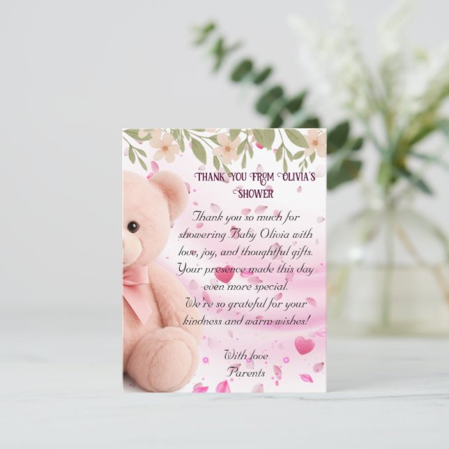 Pink Teddy Bear Baby Shower Thank You Card. Tack Kort (Stående Fram)