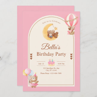 Pink Teddy Bear Birthday Invitation, Girl Birthday Inbjudningar