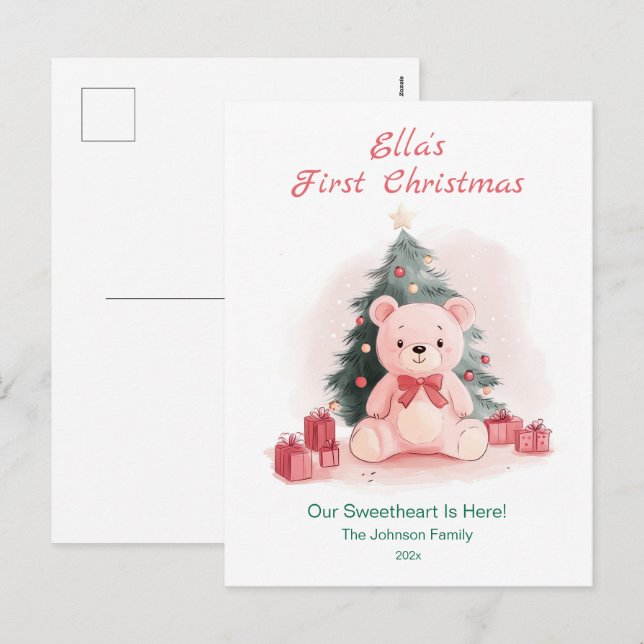 Pink Teddy Bear First Christmas Postcard Helg Vykort (Fram/baksida)