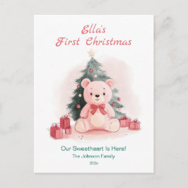 Pink Teddy Bear First Christmas Postcard Helg Vykort