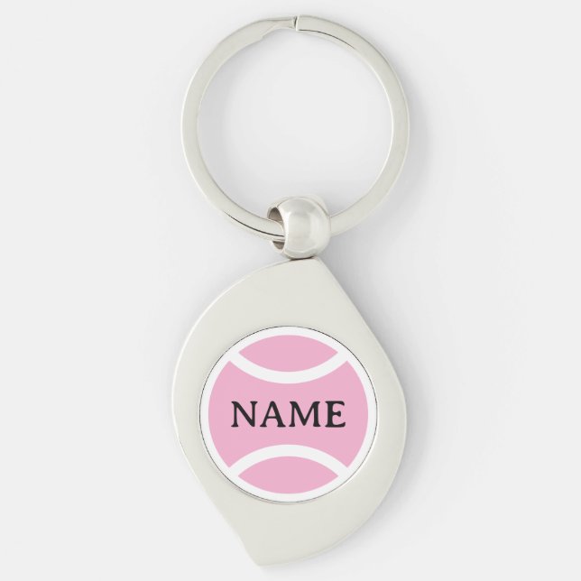 Pink tennis ball logo keychain with custom name swirl silverfärgad nyckelring (Framsidan)