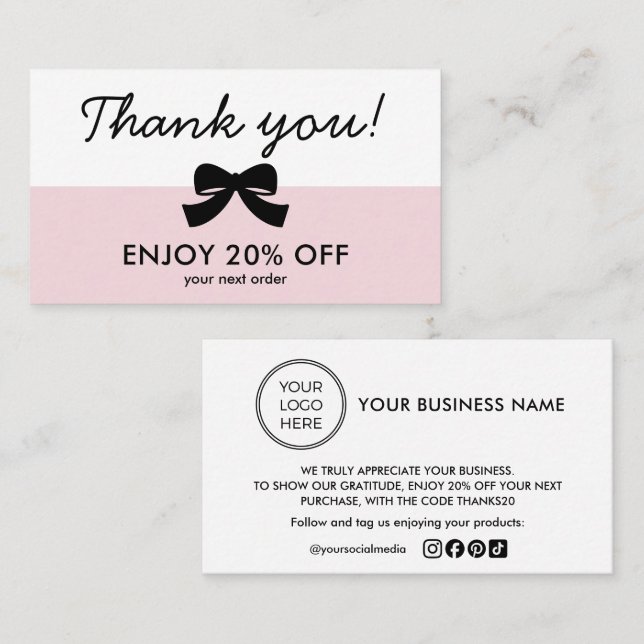 Pink Thank You Logo Business Discount Card Visitkort (Fram/baksida)