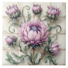 Pink Thistle Flowers Ceramic Tile Kakelplatta