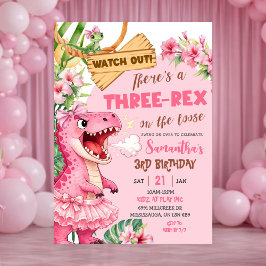 Pink Three Rex On The Loose Third Birthday Inbjudningar