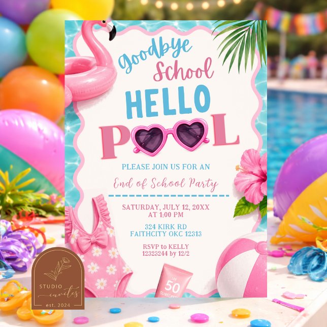 Pink tjej hejdå skola hej pool inbjudan (Skapare uppladdad)