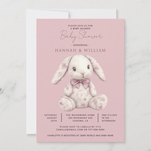 Pink Toile Bunny Rabbit Girl Baby Shower Inbjudningar (Framsida)