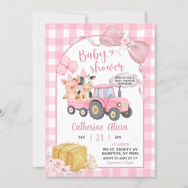 Pink Tractor Gingham Coquette Farm Baby Shower Inbjudningar (Framsida)