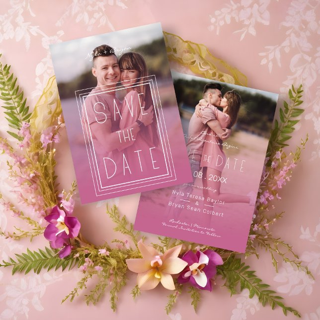 Pink Transparency Effect 2 Photos Engagement Spara Datumet (Pink Transparency Effect 2 Photos Engagement Couple Session Save the Date Card.)