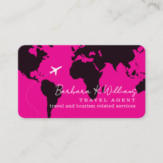 Pink Travel Agent Business Cards with World Map Visitkort