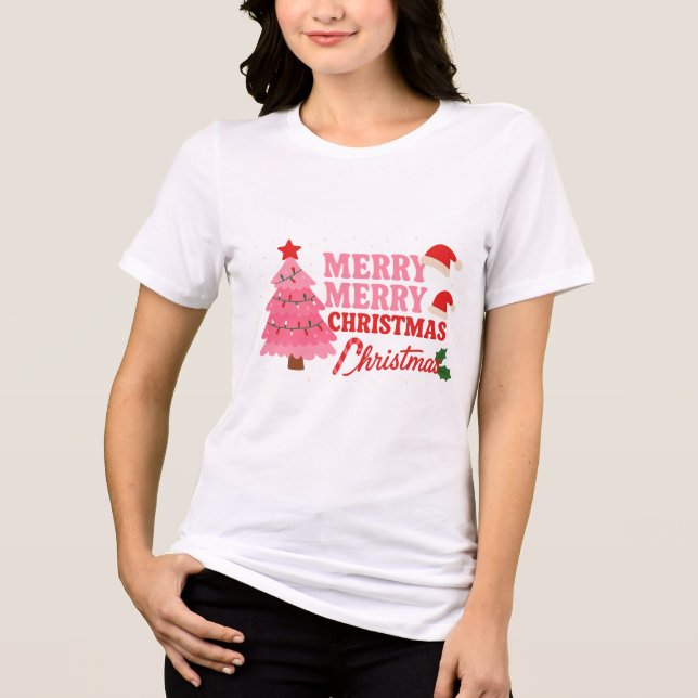 Pink Tree & Bold Merry #christmastree #xmas T Shirt (Framsida)