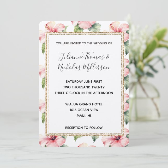 Pink Tropical Hibiscus Floral Wedding Invites Inbjudningar (Stående Fram)