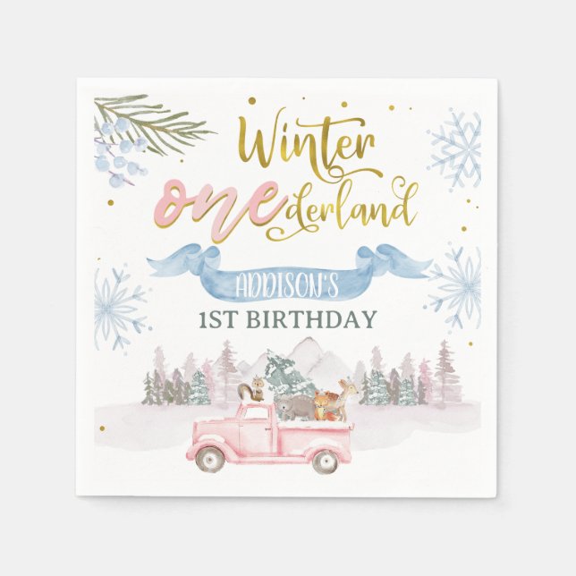 Pink Truck Banner Winter Onederland Birthday Pappersservett (Framsidan)