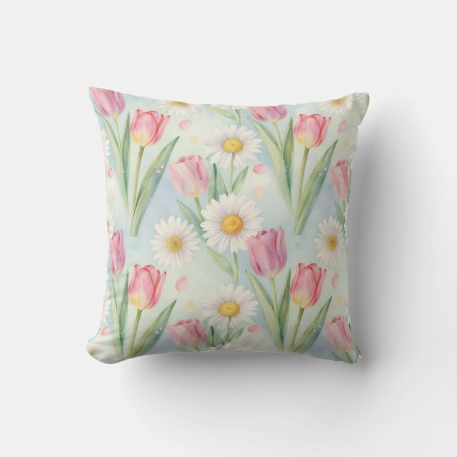 Pink Tulip Daisy Watercolor Spring Pattern Kudde (Framsida)