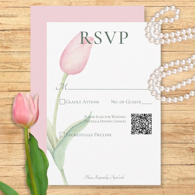 Pink Tulip Solo Bröllops QR-kod OSA Kort (Pink Tulip Solo Wedding QR Code RSVP Card)