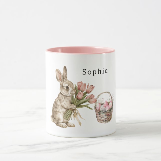 Pink Tulips Bunny Rabbit Easter Eggs Basket Mugg (Center)
