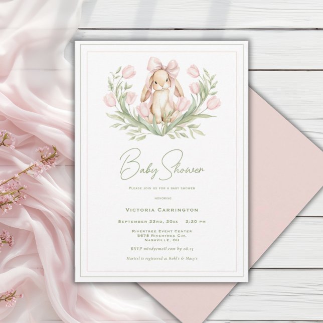 Pink Tulips Bunny Ribbon Baby Shower Inbjudningar (Skapare uppladdad)