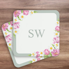 Pink Tulips Spring Flowers Monogram Coasters Underlägg