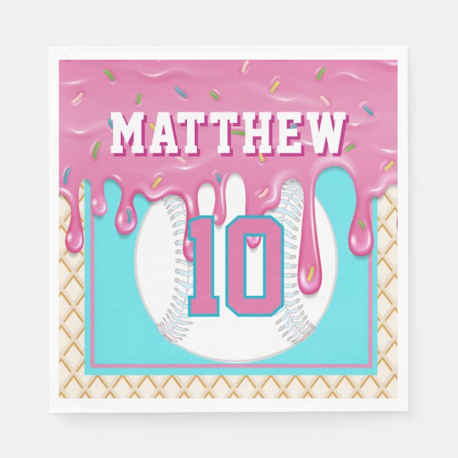 Pink & Turquoise Baseball Drip Birthday Party Pappersservett (Framsidan)