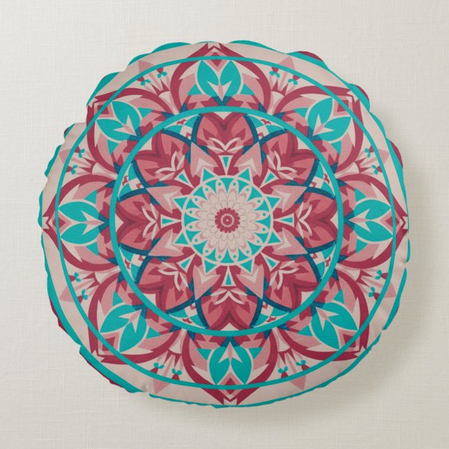 Pink & Turquoise Boho Mandala   Rund Kudde (Framsidan)