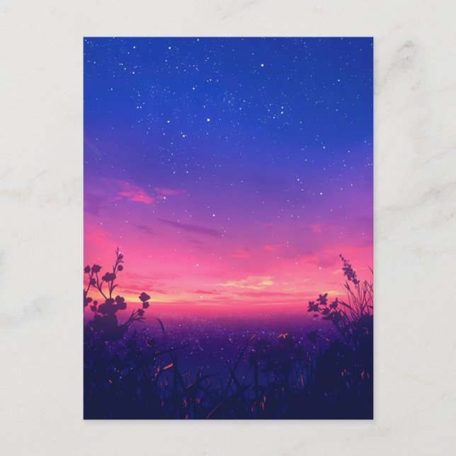 Pink Twilight Starry Night Meadow Vykort (Framsida)