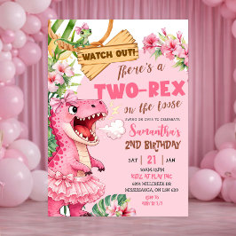 Pink Two Rex On The Loose Third Birthday Inbjudningar