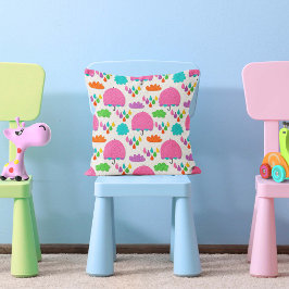 Pink Umbrellas with Clouds and Raindrops Kudde