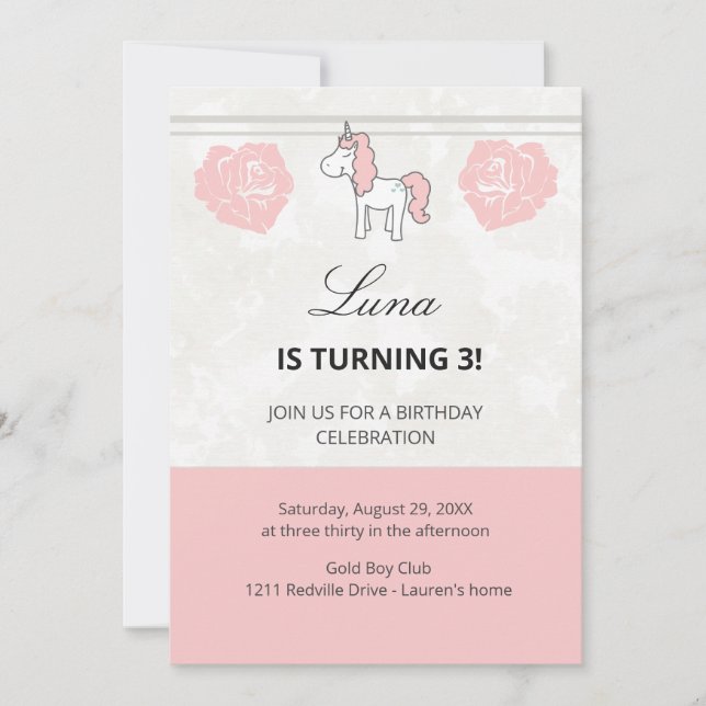 Pink Unicorn Floral Birthday Party Invitation Inbjudningar (Framsida)